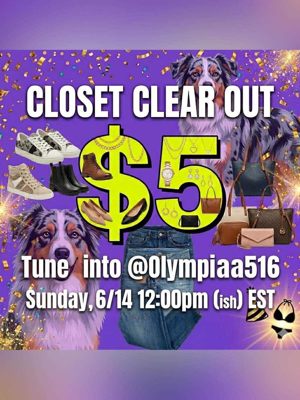 $5 Closet CLEAROUT! Sun 6/14 12:00pm EST Tune into @Olympiaa516
